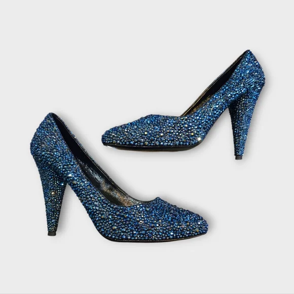 Prada Dark Blue Custom Crystal Tapered Heel Pumps - Picture 2 of 13